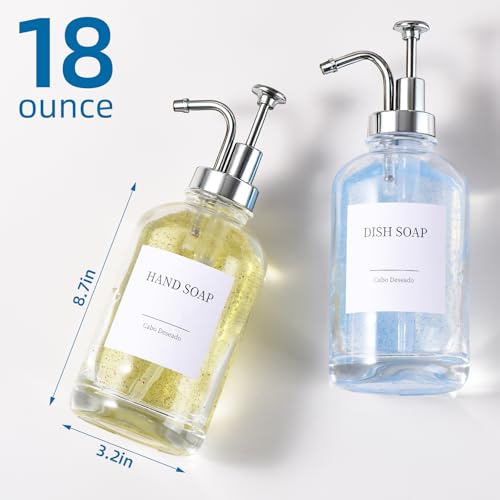 Image of Glass Soap Dispenser with Pump, Dish and Hand Soap Dispenser for Kitchen Bathroom Set, Clear Glass Dispenser Set of 2 Pack with 18 Stickers Funnel Bamboo Tray 500ml 18oz / Each Bottle Sliver Pump