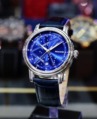 Image of ROCOSJEWE Men's Luxury Automatic Mechanical Watch, Luminous Night Sky Leather Strap, Waterproof, Date Display, Fashion Business Watches for Men RW0108, Blue, Classic,Business,Elegant
