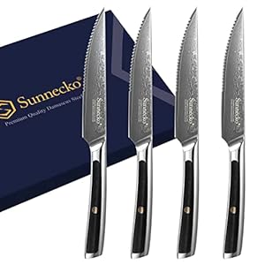 Sunnecko Damascus Steak Knives Set of 4 Serrated, Japanese VG10 Stainless Steel Steak knives Dishwasher Safe, 5 Inch Steak Knives G10 Handle with Gift Box