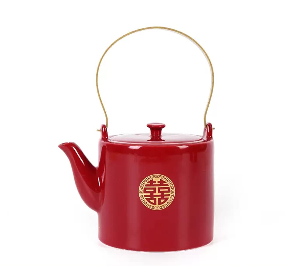 TANFEI Double Happiness Porcelain Red Wedding Tea Set, Wedding Tea Service Set, Chinese Traditional Tea Set for Wedding Birthday Housewarming Awards (1 Teapot Only)