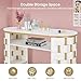 BarberPub Modern Manicure Table with Woven Leather, Nail Salon Desk with Metal Frame, Storage Spa Beauty Station with Open Shelf 2405 (White)