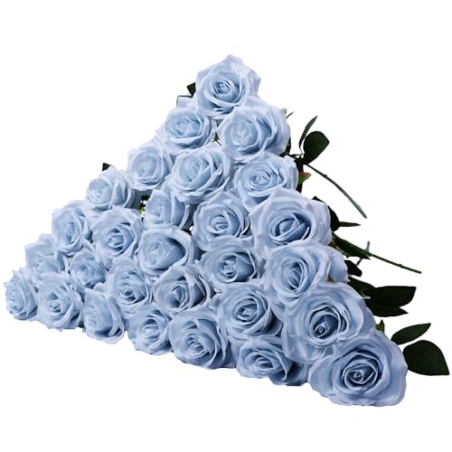 Artificial Rose Flowers, Ice Blue Silk 30-stem Bouquet