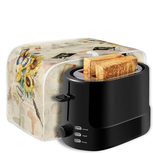Image of Toaster Dust Cover 2 Slice, Microwave Toaster Oven Grill Stain Resistant Dustproof Kitchen Small Appliance Cover with Top Handle for Kitchen, Butterfly Sunflower Retro