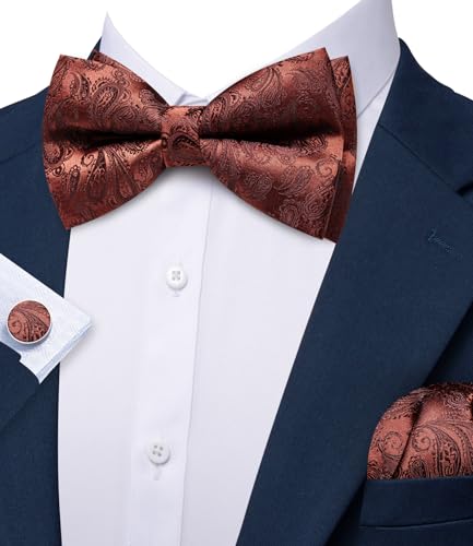 Image of YOHOWA Mens Bow Tie Set Paisley Pre-tied Bowties Adjustable with Handkerchief Cufflinks Gold Ring Set Wedding Prom Party
