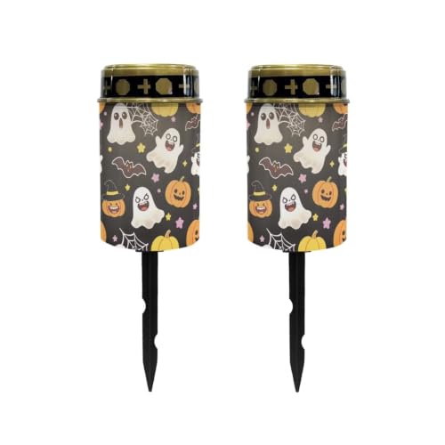 Image of Poceacles Flameless Candle Solar Powered Grave Outdoor Lights Cemetery Candle Flameless Fake LED Pillar Lights Outdoor Halloween Decoration, Cute Ghost Pumpkin Bat Print Black, Pack of 2