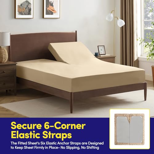 Image of Split Head King Sheets Set for Adjustable Beds 4 Piece Flex Top Bed Sheets - Deep Pocket Split Top Fitted Sheet with Built-in Corner Straps, Luxury Soft Cooling Bedding, Wrinkle Resistant, Beige