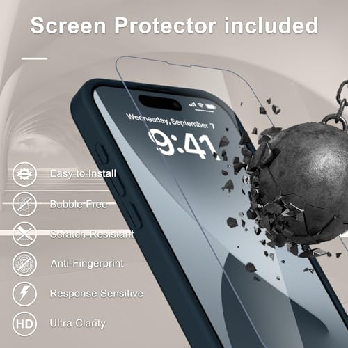Image of YENAPOON for iPhone 15 Pro Max Case, Matte Magnetic Phone Cover [with 1 Screen Protector] [Support for MagSafe] [Shockproof Military Grade Protection] Translucent Frosted Back, Navy Blue