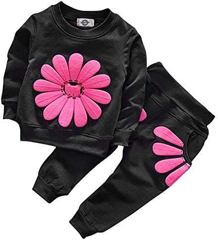 Toddler Baby Girls Sunflower Clothes Set Long Sleeve Top and Pants 2pcs Outfits Fall Clothes (Black,Age 3T)