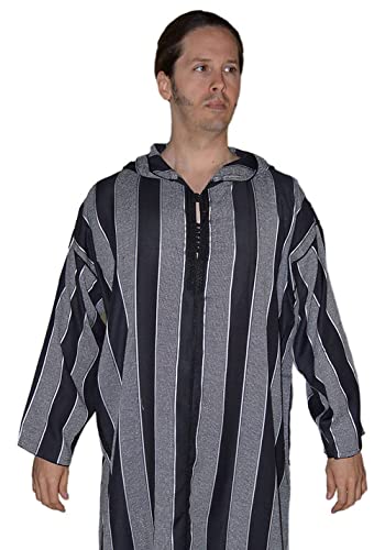 Treasures Of Morocco Moroccan Men Djellaba Handmade Hooded Caftan Black & White With Matching Embroidery Tread Thobe Loungewear African Large3