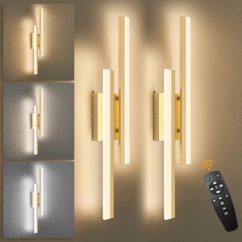 Image of LED Wall Sconce Set of 2 Gold Remote Modern LED Vanity Lights Set of 2 Indoor Wall Light Fixtures for Living Room, Dimmable Wall Sconce for Bedside Bedroom Bathroom, L23.6inch 2 Pack