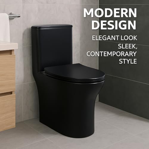 Image of Hindware Italian Collection Cora One Piece Commode for Bathroom | Made of Ceramic | S-220 Trap | Matte Black Finish | 2D Syphonic Flushing | Soft Close Duroplast Seat Cover | 10-Year Warranty