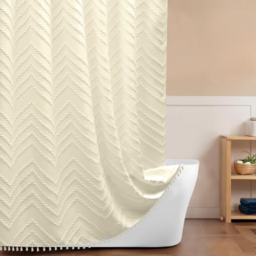 Inhousolu Boho Woven Fabric Shower Curtain, Tufted Textured Chevron Striped