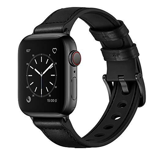 OUHENG Compatible with Apple Watch Band 42mm 41mm 40mm 38mm, Sweatproof Genuine Leather and Rubber Hybrid Bands Strap for iWatch Series 10 9 8 7 6 5 4 3 2 1 SE2 SE, Black/Black