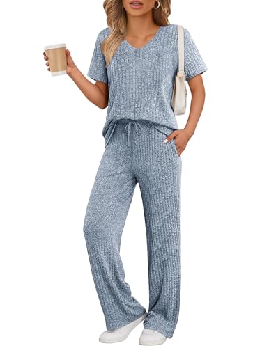 BEKOFO Women's Ribbed Knit Pajama Set - Button-Down Top & Elastic Shorts With Pockets, Cozy Loungewear - View #14