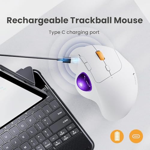 Image of ProtoArc Wireless Trackball Mouse, EM04 Ergonomic Bluetooth Rollerball Mouse Rechargeable Computer Laptop Mouse Thumb Control Mice, Compatible with PC, iPad, Mac, Windows-White Mouse Violet Ball