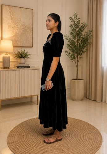 Image of Women Velvet Gown, Full Length, Puff Sleeves, Embellished Neckline, Wedding & Festive Occasion