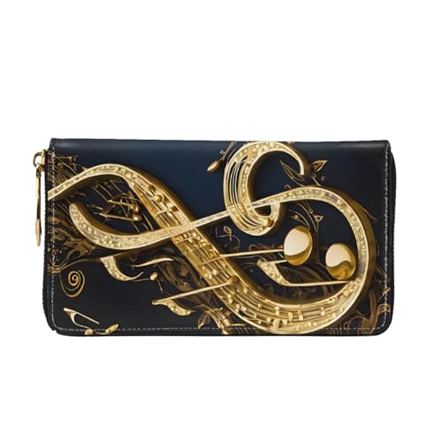 (Gold Musical Note with Fallen Shiny Star) Faux Leather Wallet Long Clutch Zipper Purse Card Holder Travel Coins Cash Organizer Phone Pocket 7.48 x 4.13 x 0.9 inches2