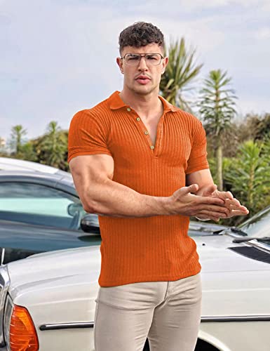 Urru Men's Muscle T Shirts Stretch Classic Ribbed Short Sleeve Casual Slim Fit Polo Golf Shirt Orange S #TOP3