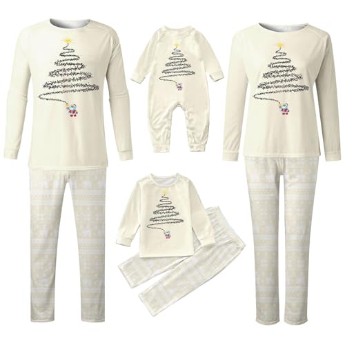 Conjunto de pijama familiar de Navidad con cordón, 4 piezas, pijama a juego para padres e hijos, acogedor pijama con estampado navideño, ropa de salón cómoda para fiestas de vacaciones, 02 beige., M
