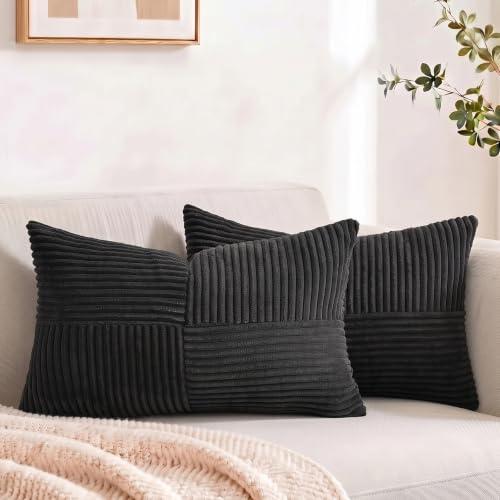 Image of Fancy Homi 2 Packs Black Lumbar Decorative Throw Pillow Covers 16x28 Inch for Living Room Couch Bed Sofa, Rustic Farmhouse Boho Home Decor, Soft Striped Corduroy Rectangle Accent Cushion Case 40x70 cm