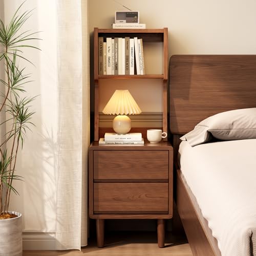 Solid Wood Bookshelf with Drawers Narrow bookcase with Storage Shelves Tall Nightstand with Drawers Mid Century Modern Nightstand Open Shelf Bookcase Small Book Shelf for Bedroom Living Room Offices