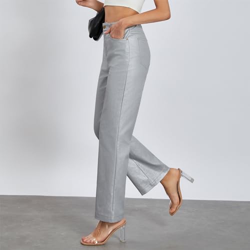 Awoscut Women's Metallic Shiny Trouser Pants Solid High Waist Disco Straight Leg Y2k Trousers for Party Dance Streetwear4