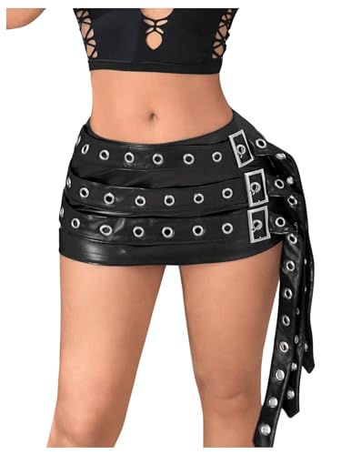 MakeMeChic Women's PU Leather Buckle Bodycon Mini Skirt Grommet Eyelet Summer Y2K Party Short Skirts