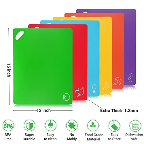 Cutting Board Mats Set, Extra Thick Flexible Plastic Kitchen Chopping Board, Colored Mats With Food Icons & Easy-Grip Handles, Dishwasher Safe, Set Of 6 #TOP1