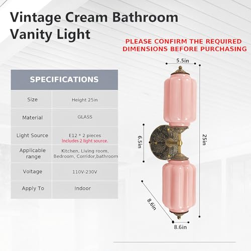 Image of Vintage Vanity Light - 2-Light Wall Sconce with Brass Finish Base & Green Glass Shade - Wall Sconce Lighting for Mirror, Kitchen, Living Room, Gallery (Bulbs Included) (Pink)