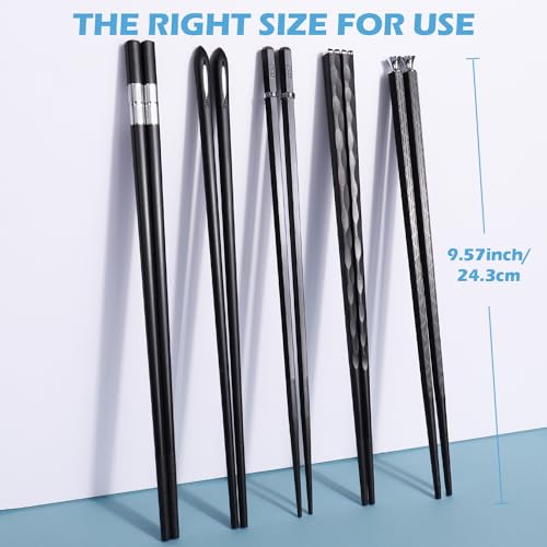 GLAMFIELDS 5 Pairs Premium Chopsticks Reusable Dishwasher Safe 9.5 Inch Fiberglass Chop Sticks Gift Set Non Slip Black + Silver - Thumbnail 2