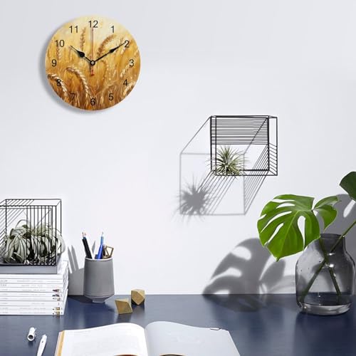 Horloge murale en PVC à image de champ de blé doré, design épuré 25,4 cm