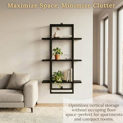 Image of Mighty Home Floating Wall Shelf with Black Metal Frame + Wooden Shelves, Wall Mounted Shelf for Books, Plants & Decor, 3 Tier DIY Organizer for Home & Office, Black