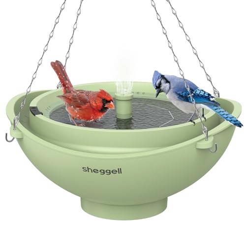 Sheggell Smart Bird Bath, 2L Large Capacity with Water Circulating Filtration, Solar Bird Bath with 3 Fountain Modes, Hanging & Freestanding Design, IPX6 Waterproof, Birdbath for Yard（Light Green）