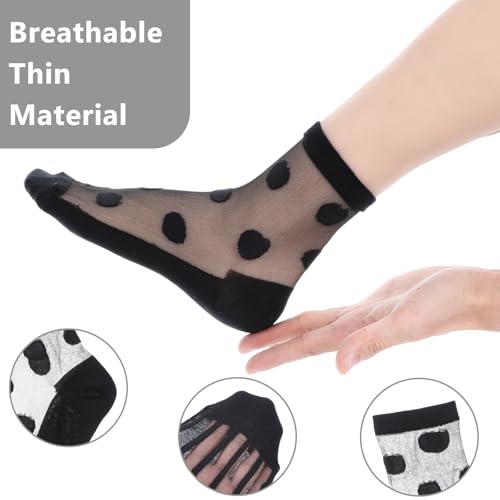 Image of Telooco 3 Pairs Women Sheer Socks Nylon Ankle Socks Black See Through Socks Dots Stripes Geometric Breathable Thin Stockings Transparent Tulle Socks for Women