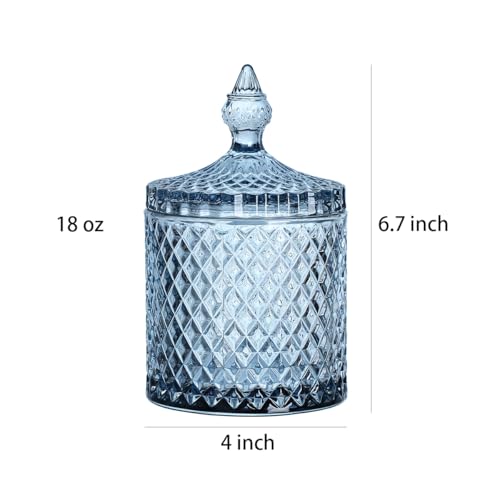 Sizikato Blue Faceted Diamond Crystal Glass Decorative Jar, 18oz, 4x4x6.7 inches, Candy, Nut & Dried Fruit Storage