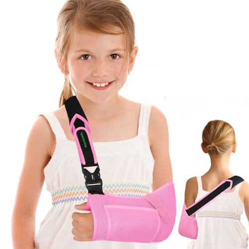 KONSEDIK Arm Sling for Kids - Adjustable Breathable Shoulder Immobilizer with Pockets Supports Rotator Cuff Injury Wrist Elbow Clavicle Fracture Recovery Post-Surgery Sling for Left or Right Arm(Pink XX-Small)