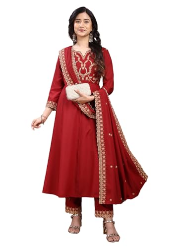 Ensemble kurta pour femmes Pratham Blue rouge S avec pantalon et dupatta brodé