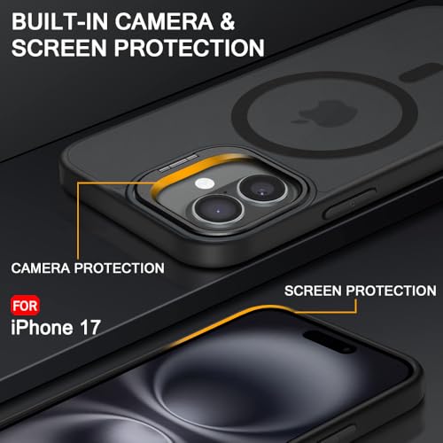 Image of TheGiftKart Hybrid Matte Frosted Back Cover Case for iPhone 17 Compatible with MagSafe | Built-in Stand | Shockproof Hard Back Cover Case for iPhone 17 (PC & TPU, Translucent Black)