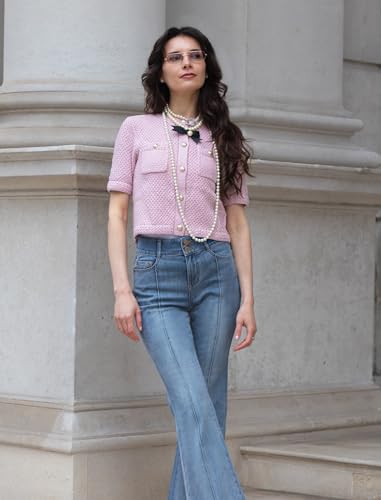 Women's Summer Cropped Cardigan Knitted Blouse Top Short Sleeve Crewneck Button Up Open Front T Shirts 2025 Trendy3