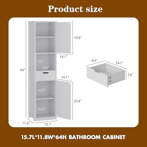 Walsunny Tall Bathroom Storage Cabinet with Freestanding Adjustable Shelves, Narrow Storage Linen Cabinet with 2 Doors and 1 Drawers for Bathroom, Living Room, Kitchen, White