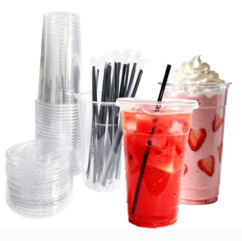 HGJDLM [25 SETS] 32 oz Cups with lids Plastic Cups with Lids and Straws Ideal for cold drinks smoothies iced coffee milkshakes Suitable for parties events weddings and various other gatherings.