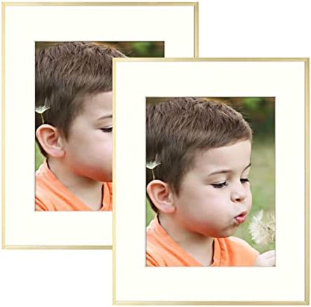 Frametory, 12X16 Metal Picture Frame - Aluminum Thin Molding - Photo Frame with Ivory Color Mat for 8.5X11 Wall Art & Pre-Installed Mounting Hardware - Real Glass (Gold, 2 Pack)