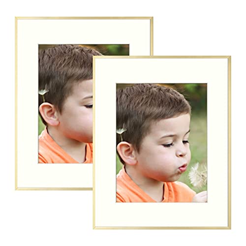 Frametory, 12X16 Metal Picture Frame - Aluminum Thin Molding - Photo Frame With Ivory Color Mat For 8.5X11 Wall Art & Pre-Installed Mounting Hardware - Real Glass (Gold, 2 Pack) #TOP1
