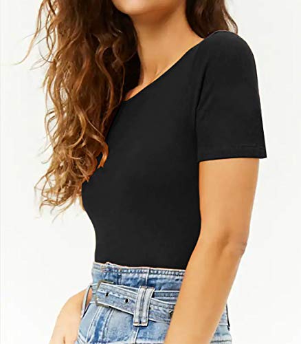 Mangdiup Women's Round Collar Short Sleeve Basic Bodysuits Jumpsuits （Short Sleevee Black, L #TOP2