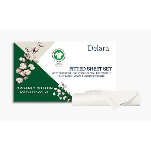 Delara GOTS Certified 100% Organic Cotton Sheets, 400TC Long Staple Cotton, Ultra Soft Silky, Moisture-Wicking, Smooth & Breathable, with Elasticized Deep Pocket