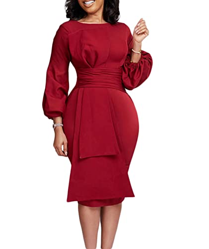 ECDAHICC Women's Elegant Formal Plus Size Dresses Puff Long Sleeve Round Neck Patchwork Bodycon Business Pencil Midi Dress