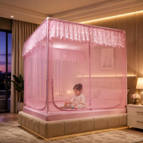 Image of Dawnwake Mosquito Net for King Size Double Bed, Anti-Fall Machardani Mosquito Net for Babies and Adults, Portable Foldable Mosquito Net Tent for Travel /Camping (Pink, 200x180cm)