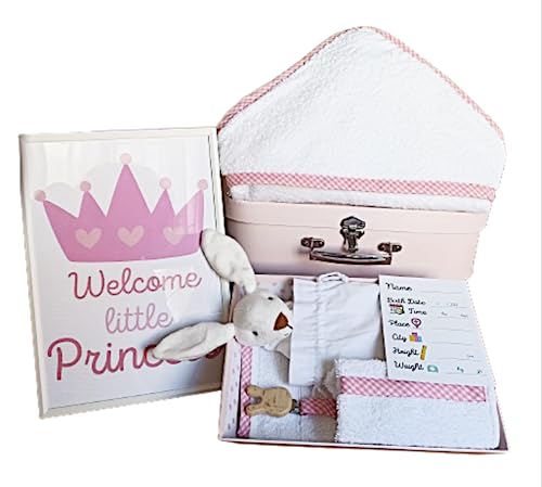 Regalo bebé recién nacido/Canastilla bebé/Set de baño bebé, con capa toalla, manopla vichy rosa/Chupetero, Babero y DouDou/Maletín recién nacido con lámina enmarcada y bandeja organizador bebé