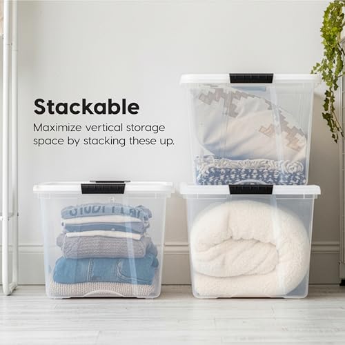 Image of IRIS USA 72 Qt Stackable Plastic Storage Bins with Lids, 4 Pack - BPA-Free, Made in USA - See-Through Organizing Solution, Latches, Durable Nestable Containers, Secure Pull Handle - Clear /White