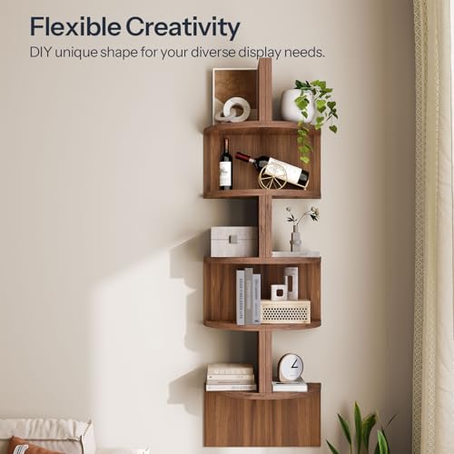 Image of HOOBRO Corner Shelf Wall-Mounted, Set of 2 Floating Corner Shelves for Wall, 5-Tier Corner Bookshelves for Living Room, Bedroom, Bathroom, Home Office, Walnut WL26BJP201
